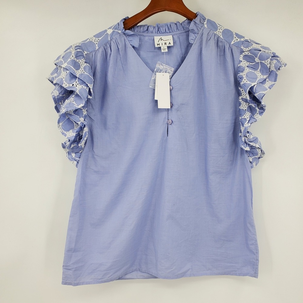 Mira Blue Eyelet Ruffle Sleeve Top Floral Embroidery V-Neck Cotton NWT L Boho
